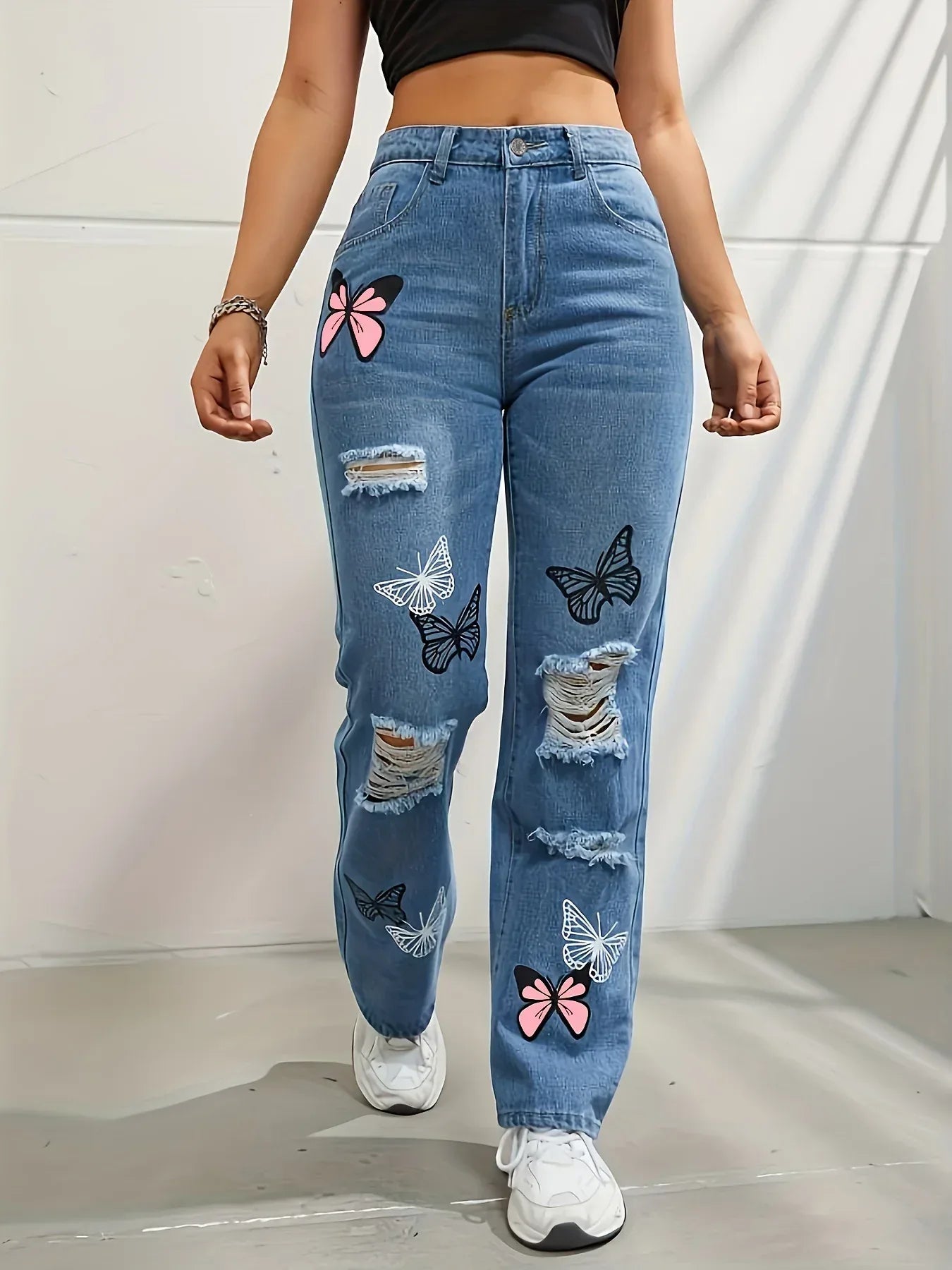 High Waisted Straight Leg Jeans For Women Trendy Butterfly Print Ripped Distressed Denim Pants - DanaFashionstore