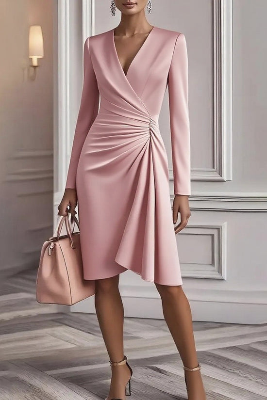 Solid Color Slim-fit Long Sleeve V-pleated Design Dress