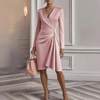 Solid Color Slim-fit Long Sleeve V-pleated Design Dress - DanaFashionstore