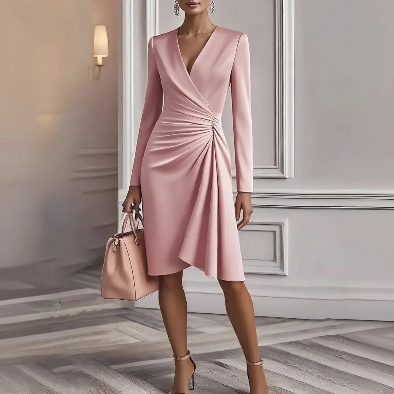 Solid Color Slim-fit Long Sleeve V-pleated Design Dress - DanaFashionstore