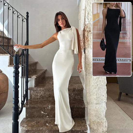 One-shoulder Ribbon Long Dress Ins Fashion Slim Sleeveless Dresses For Evening Party Club Clothing Women - DanaFashionstore