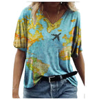 Map Print V-Neck Short-Sleeved T-Shirt - DanaFashionstore