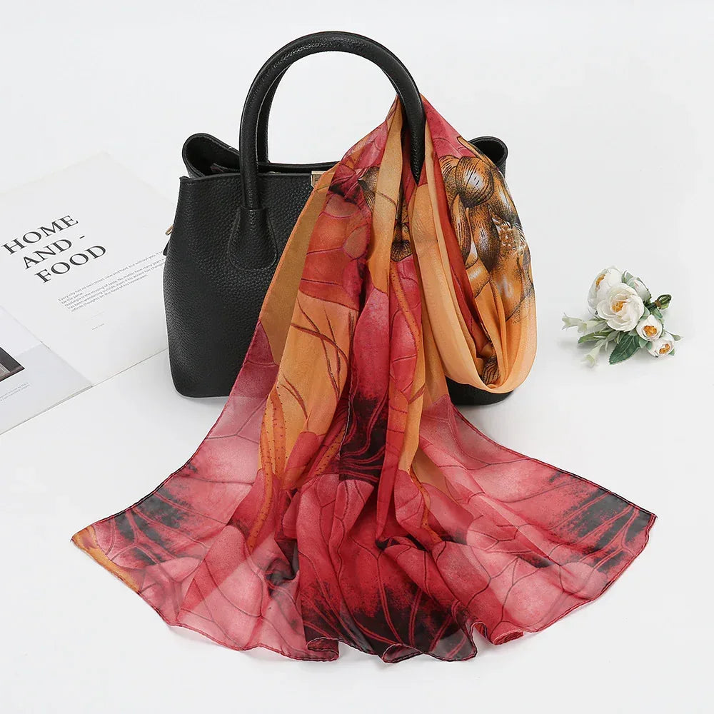 Thin Chiffon Lotus Pond Moonlight Printed Silk Scarf - DanaFashionstore