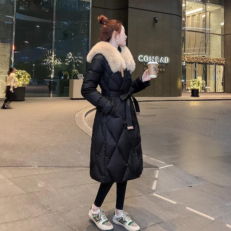 White Duck Slim Fit Down Jacket 2026 - Overknee Mid-Length Big Fur Collar Coat - DanaFashionstore