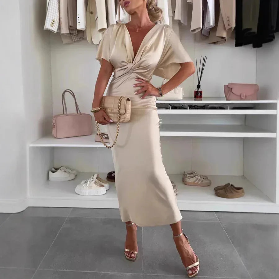 Solid Color V-Neck Cross Dress 2026 - Slim Fit Long Dress - DanaFashionstore