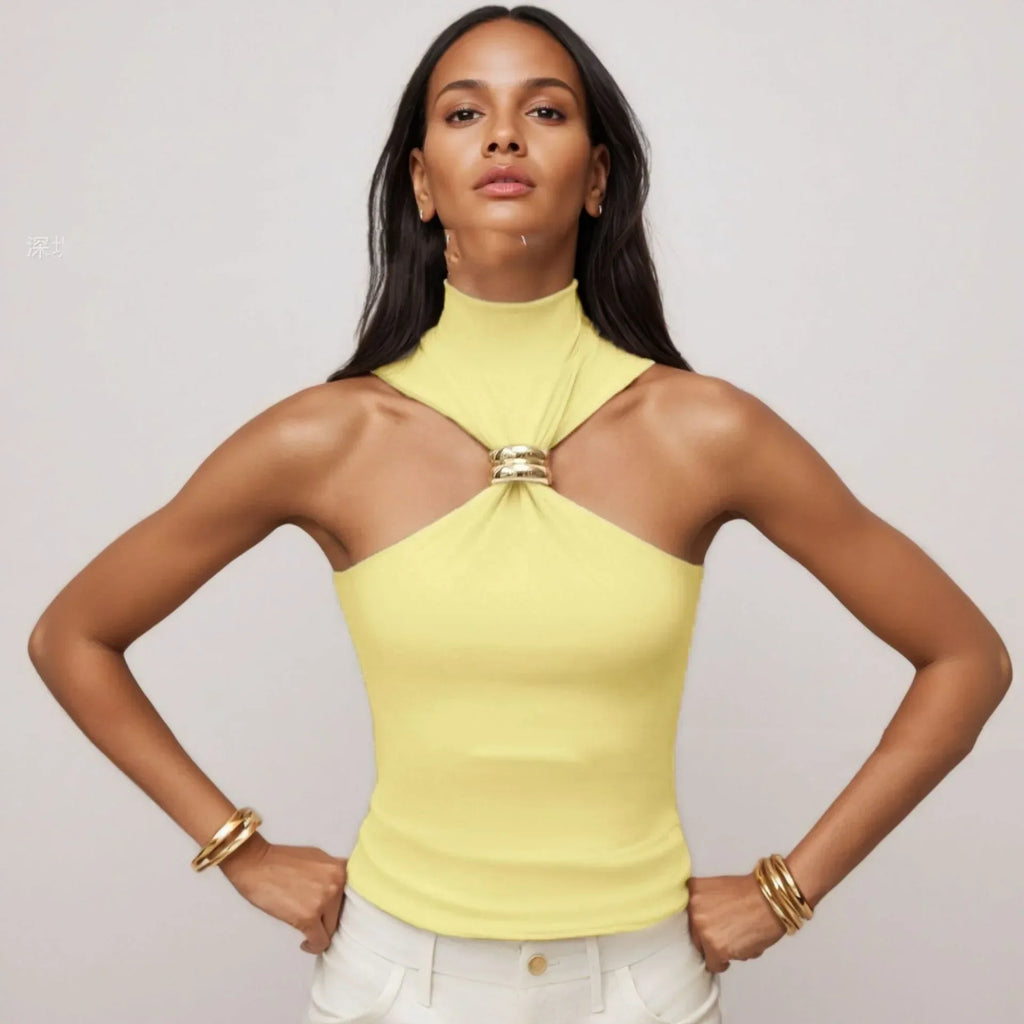 Gold Ring Sleeveless Cold-shoulder Stretch Top - DanaFashionstore