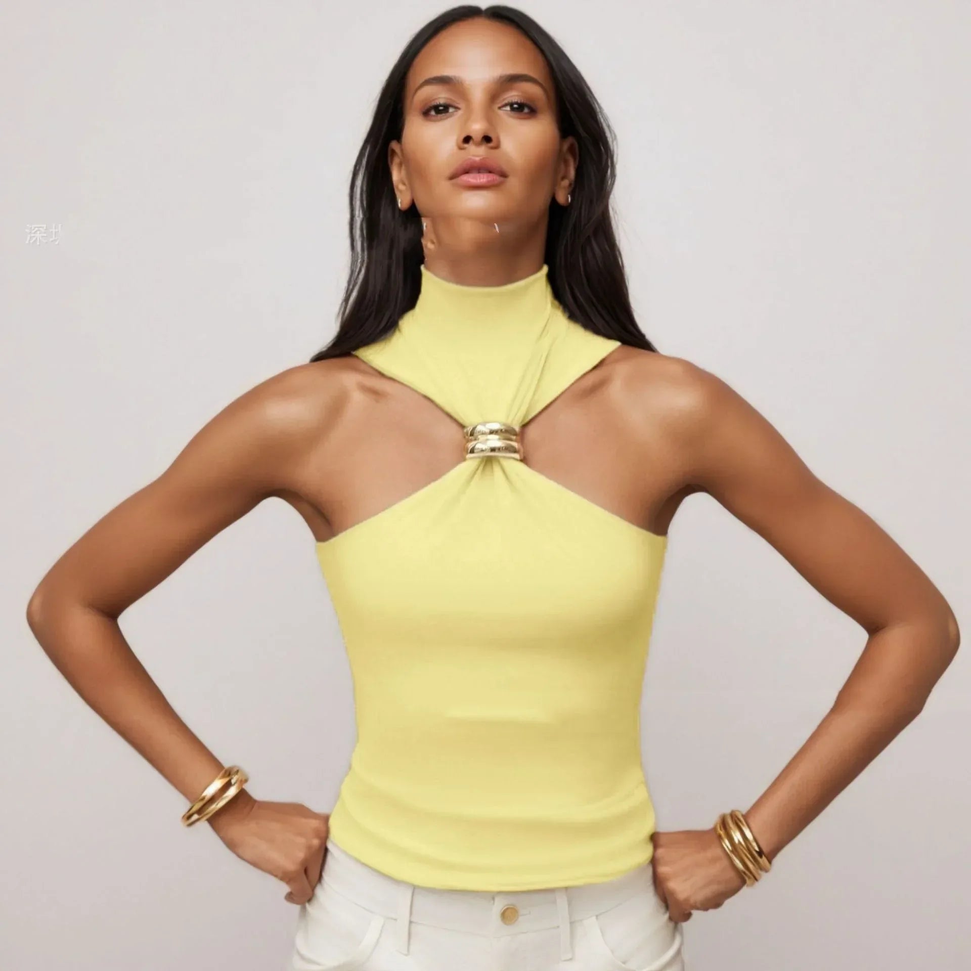 Gold Ring Sleeveless Cold-shoulder Stretch Top - DanaFashionstore