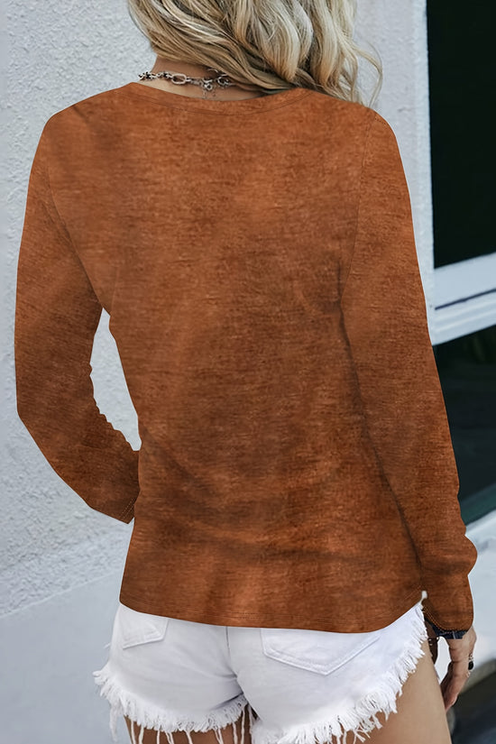 Long Sleeve Geometric-Pattern Ruched Bust Crew Neck T-Shirt