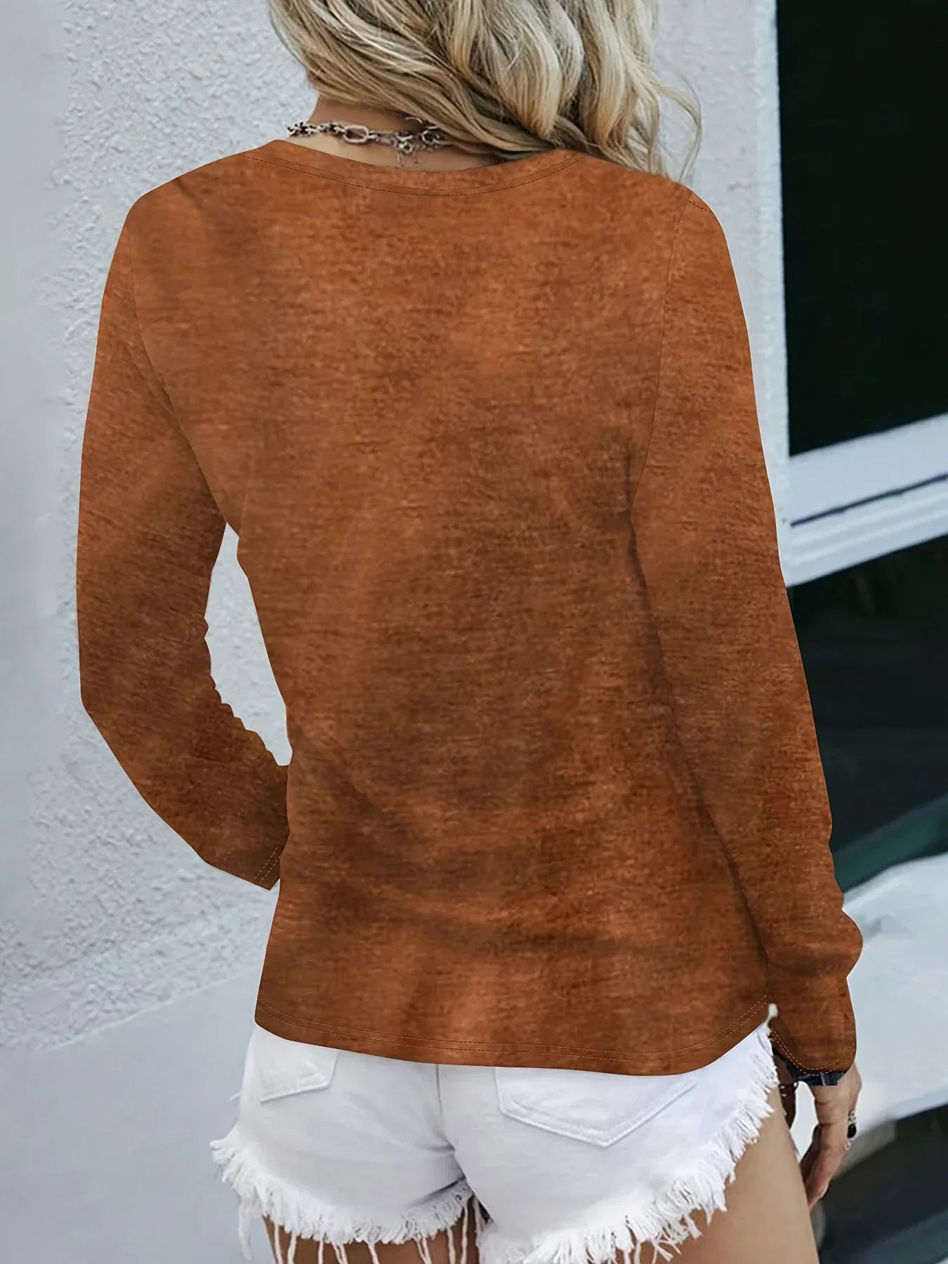 Long Sleeve Geometric-Pattern Ruched Bust Crew Neck T-Shirt - DanaFashionstore