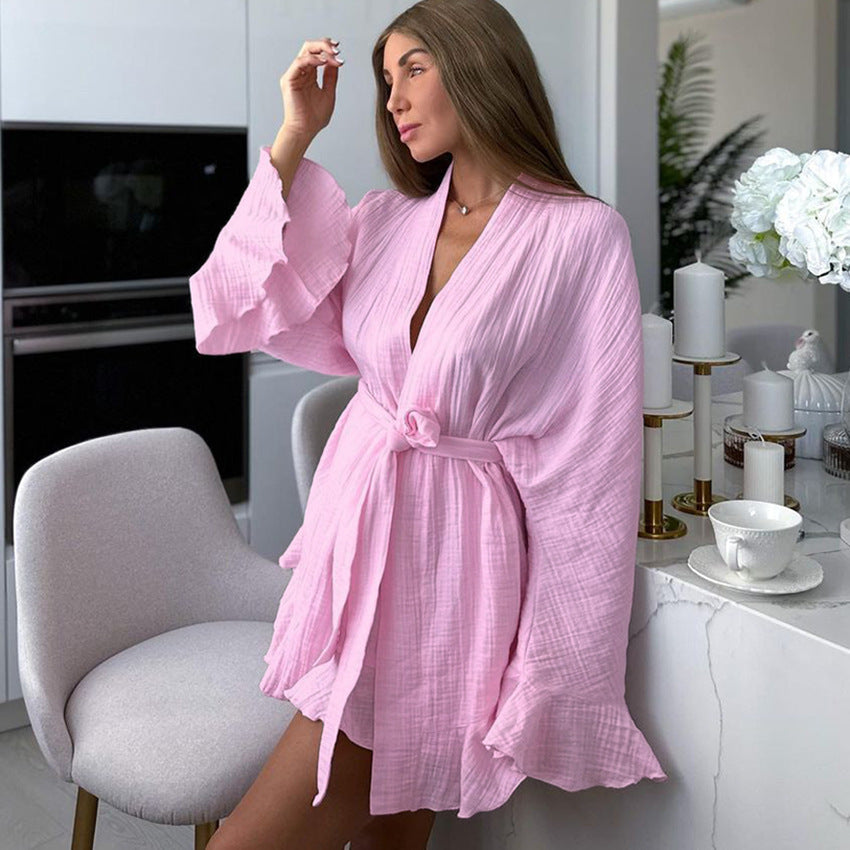 Long-sleeved Pajamas Crepe Cotton Ruffles Nightgown Shorts Suit Loose Cross-border Home Wear - Dana Fashion