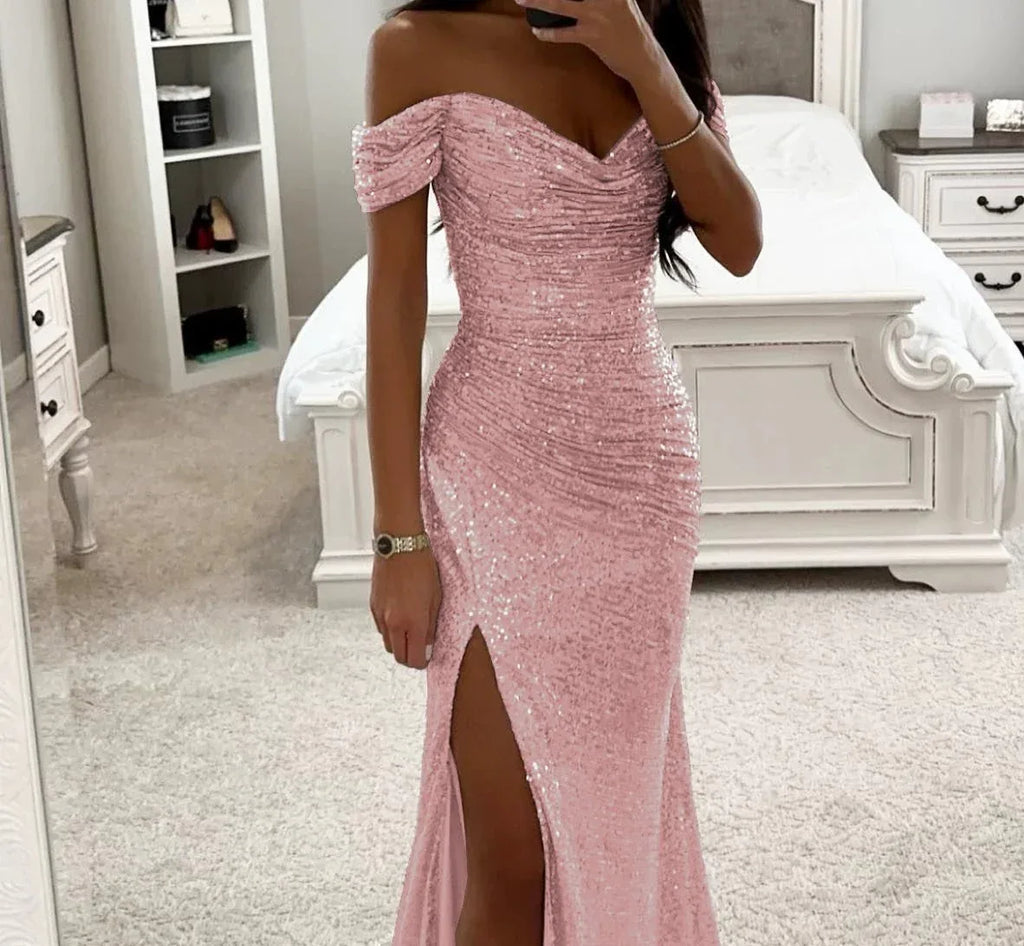 Party Sequins Off-neck Split Dress INS Casual Fashion Dress Women Charming Slimming Dress For Women - DanaFashionstore