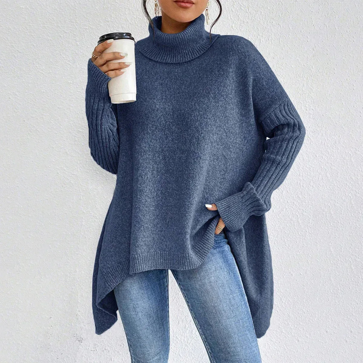 Irregular Turtleneck Sweater Winter Loose Long Sleeve Knitted Tops Leisure Warm Pullover Sweater Women's Clothing - DanaFashionstore