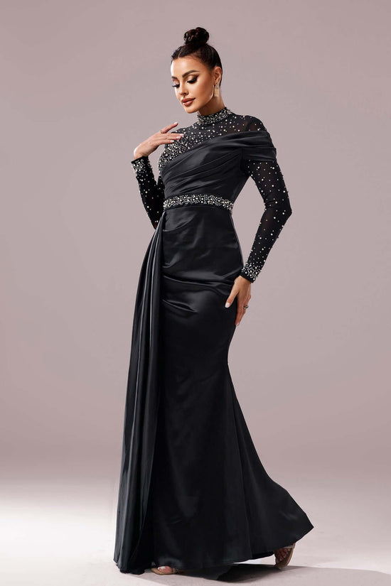 Long Sleeve Slim-fit Sheath Pearl Banquet Fishtail Evening Dress $129.99 Dana Fashion Color: Black Size: L Women's clothing Product information: Pattern: solid color Skirt type: hip skirt Color: Black Waist type: high waist Size: S,M,L,XL Style type: Eleg