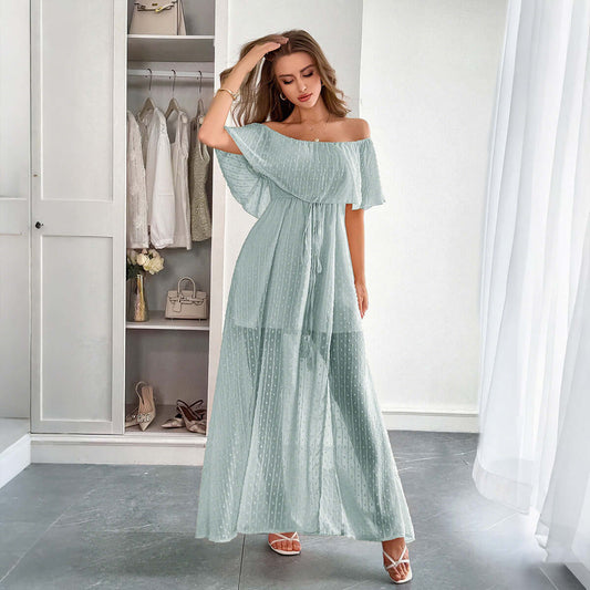 European And American Leisure Simple Style Off-the-shoulder Semi-transparent Slim Fit Dress $56.50 Dana Fashion Color: Gray Green Size: L Women's clothing Product information: Pattern: solid color Skirt type: A- line skirt Color: gray green Waist type: el