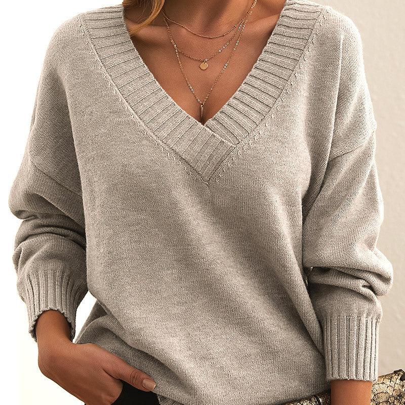 Solid V-neck Sweater Fashion Loose Long-sleeved Knitted Tops Autumn And Winter Women's Clothing - DanaFashionstore
