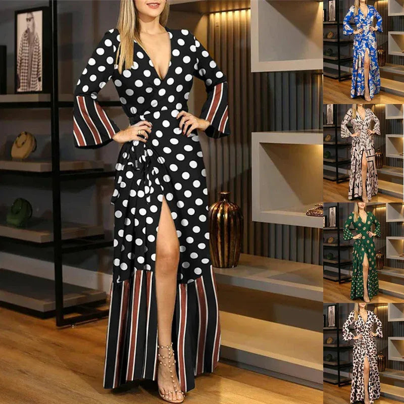 Sexy V-Neck Printed Long Skirt 2026 - Waist-Cinched Maxi Dress - DanaFashionstore