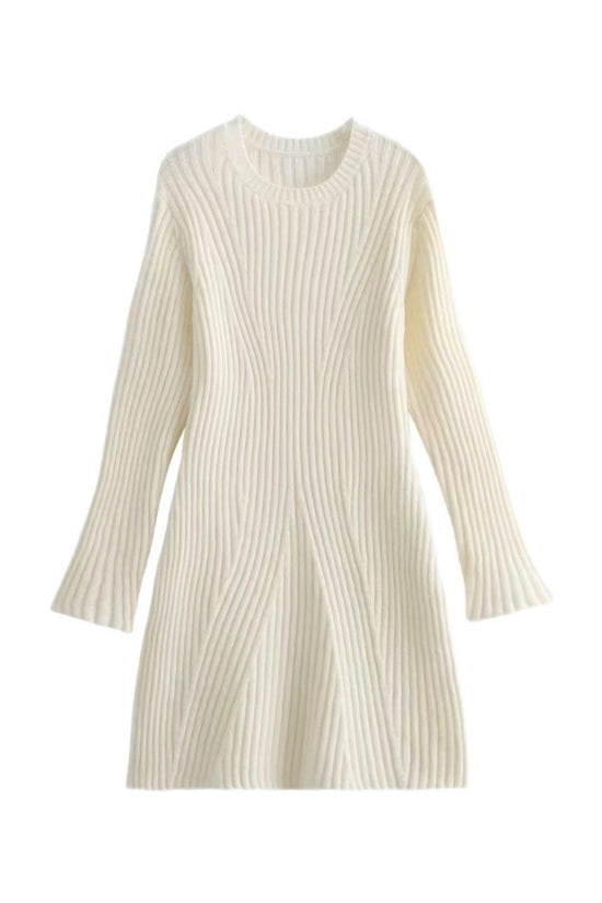 Fashion Solid Ribbed Knitted Dress Fall And Winter Slim-fit Stand-up Collar A-line Dresses Women's Clothing