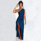 Sexy One-shoulder Backless Slit Dress Summer Elegant Slim-fit Solid Color Satin Dresses For Women - DanaFashionstore