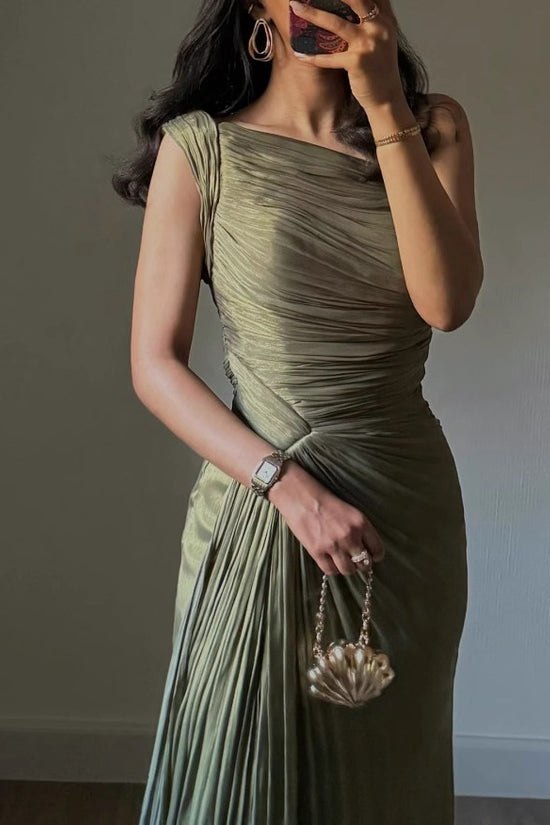 European And American Middle East Pleated Ribbon Shiny Evening Dress