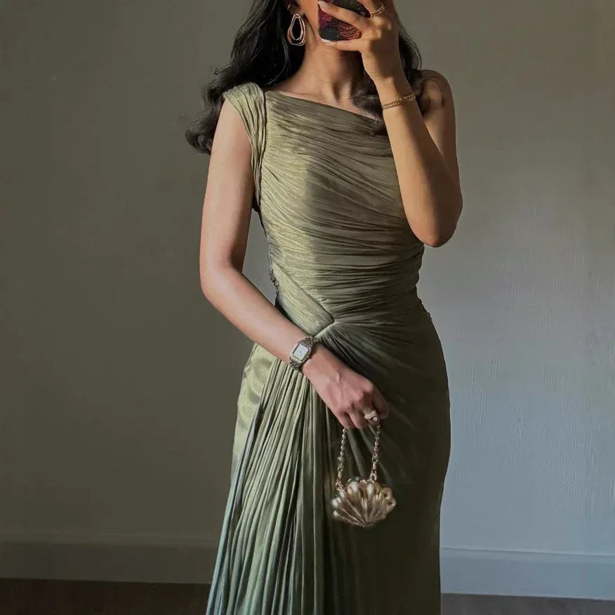 Pleated Ribbon Evening Dress 2026 - Shiny Middle East Style Dress - DanaFashionstore