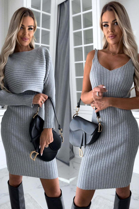 2pcs Suit Women's Solid Stripe Long-sleeved Top And Tight Suspender Skirt Fashion Autumn Winter Slim Clothing - DanaFashionstore