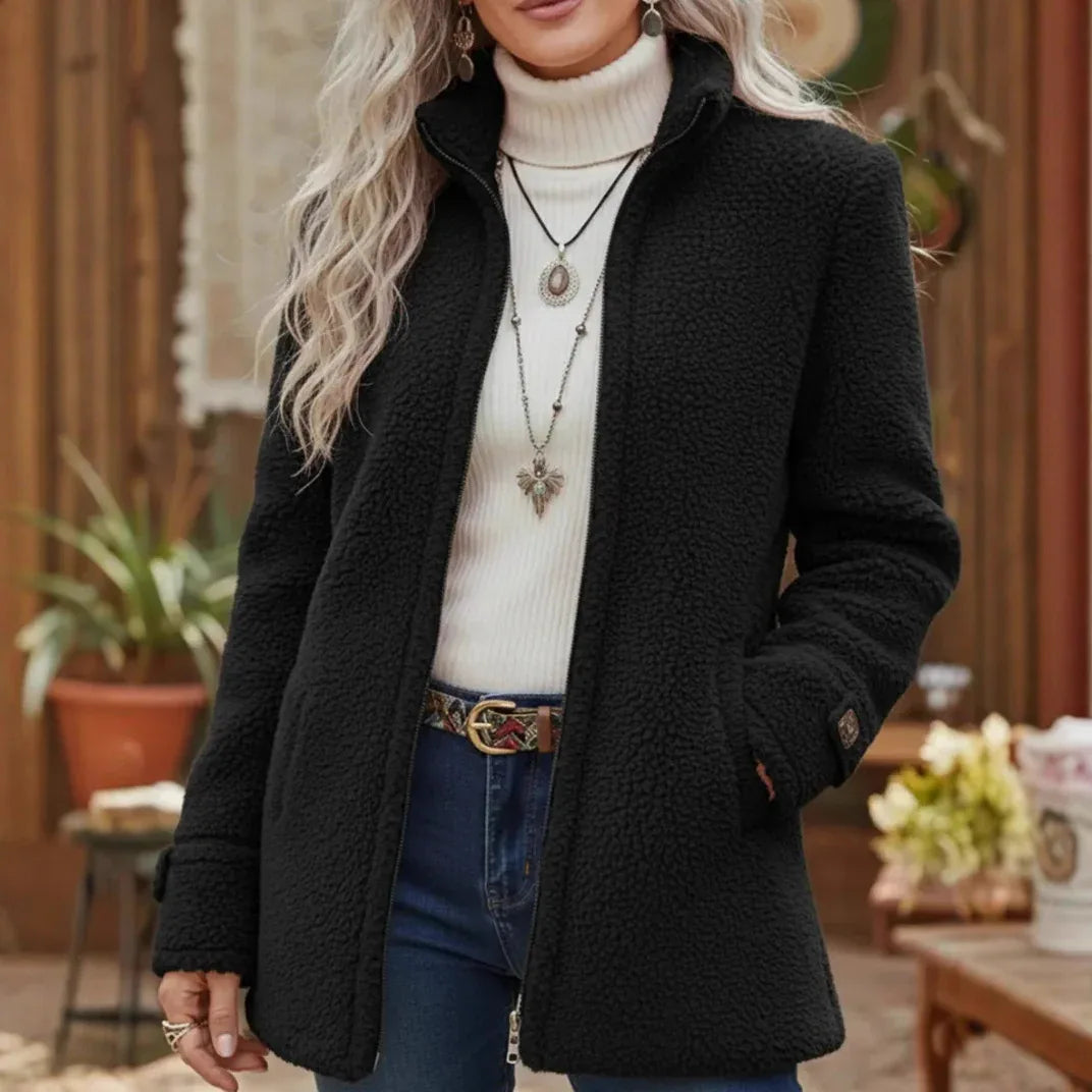 Womens Stand-Up Collar Solid-Color Loose Casual Long-Sleeve Fleece Zip-Up Jacket - DanaFashionstore