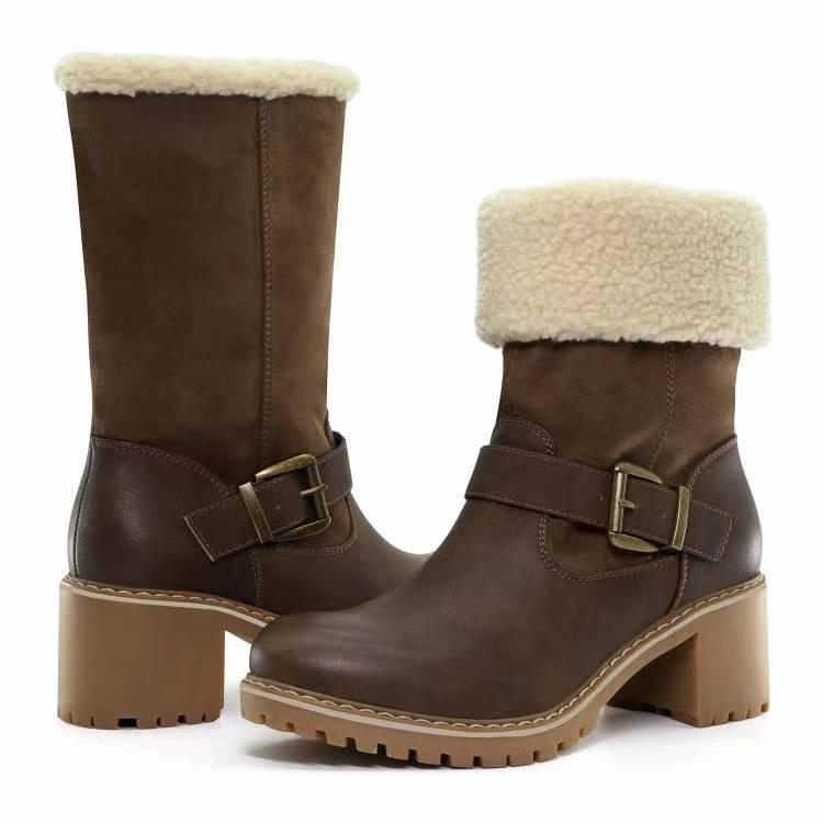 Fashion Boots With Buckle Chunky Heel Shoes Warm Winter Round Toe Western Boots For Women - DanaFashionstore