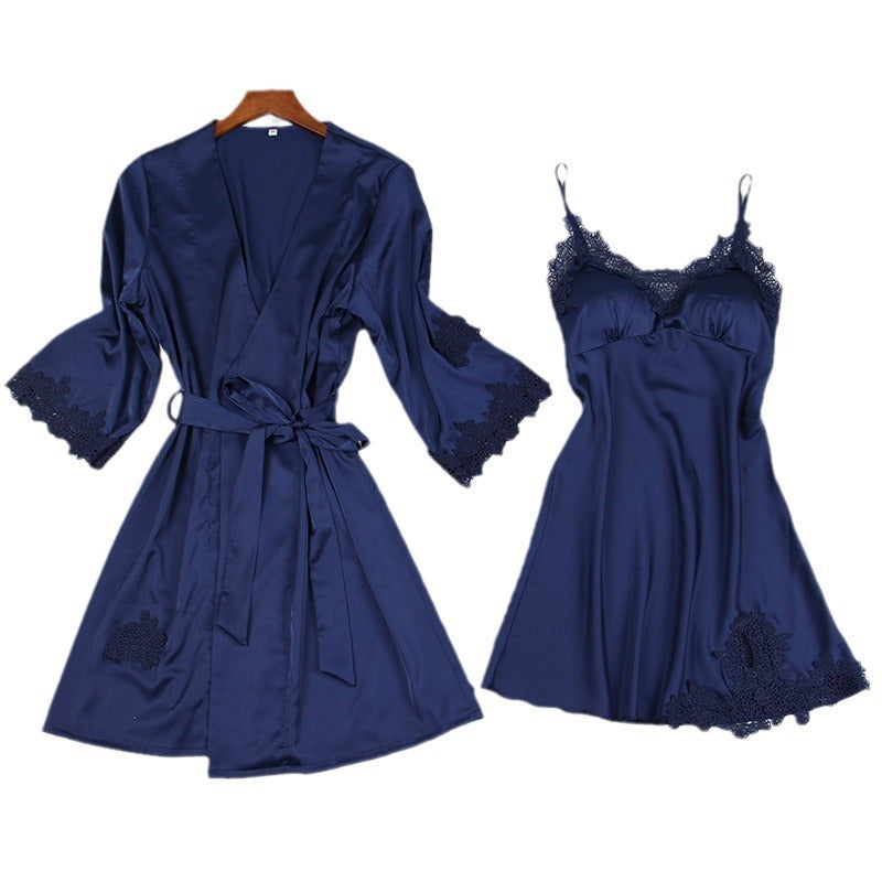 Long Sleeve Ice Silk Sling Nightgown Suit - Dana Fashion