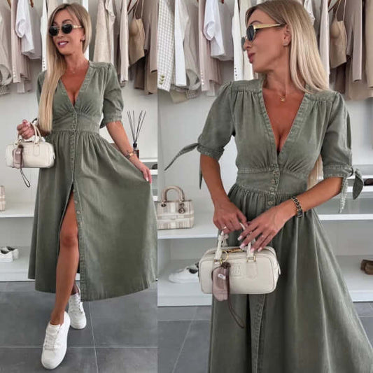 V-neck Short Sleeve Loose Denim Long Button Dress $65.90 Dana Fashion Color: Army Green Size: L Women's clothing Product information: Pattern: solid color Skirt type: denim skirt Color: blue, pink, Army Green, black, camel Waist Type: Mid waist Size: S,M,