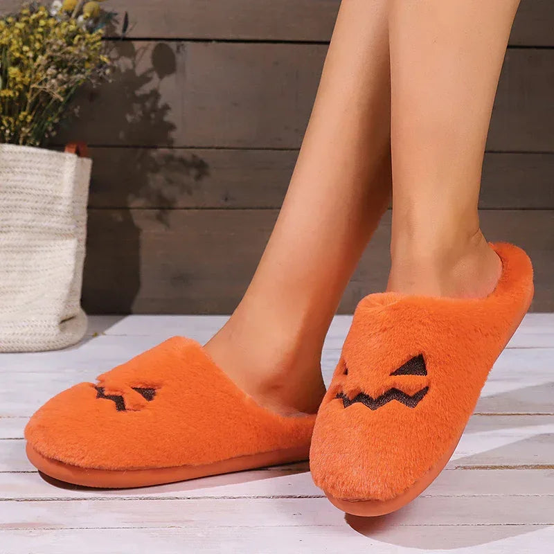 Cute Halloween Pumpkin Slippers Winter Warm Plush Bedroom Floor Home Slippers Casual Slip On Comfortable Cozy Indoor House Shoes - DanaFashionstore
