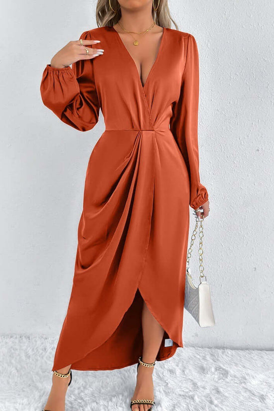 Satin European And American Style Dress High-grade $47.06 Dana Fashion Color: Orange Size: L Women's clothing Product information: Color: khaki, Brown, Army Green, Rose Red, green, orange, pink, blue Waist type: high waist Size: XS,S,M,L,XL,XXL Sleeve typ
