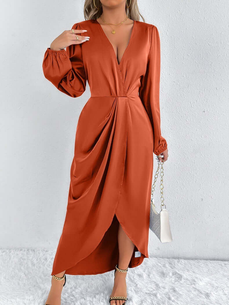 Satin European And American Style Dress High-grade $47.06 Dana Fashion Color: Orange Size: L Women's clothing Product information: Color: khaki, Brown, Army Green, Rose Red, green, orange, pink, blue Waist type: high waist Size: XS,S,M,L,XL,XXL Sleeve typ