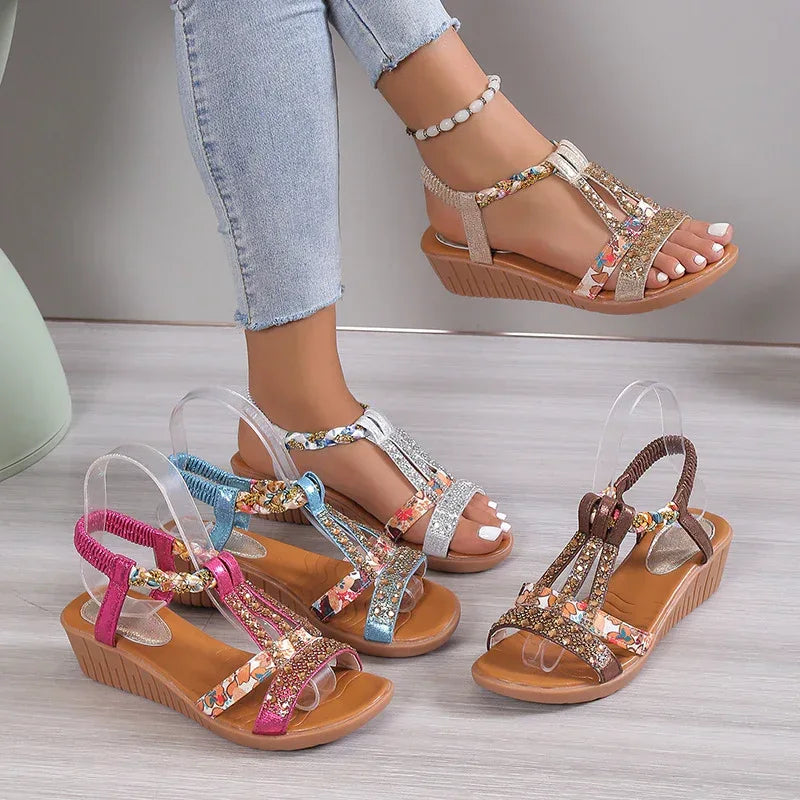 Casual Wedges Sandals With Rhinestone Summer Plus-size Peep-toe Roman Shoes - DanaFashionstore