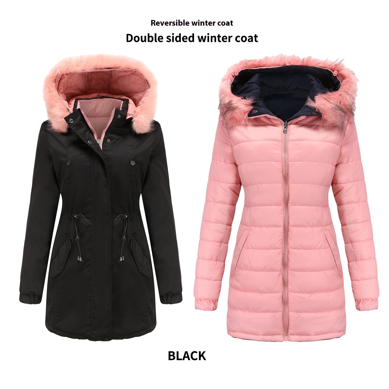 Double-sided Detachable Fur Collar Hat Quilted Parka