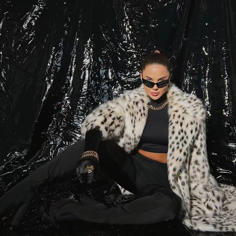 Women's Leopard Print Imitation Fur Fox Long-cut Coat Hooded