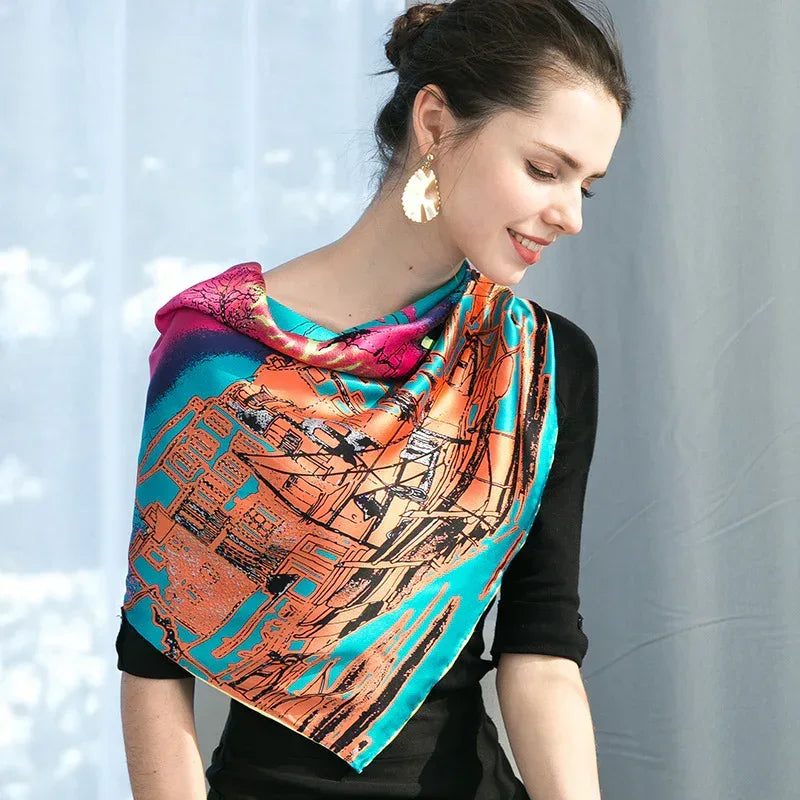 Peacock Blue Silk Large Square Scarf Large Silk Scarf - DanaFashionstore