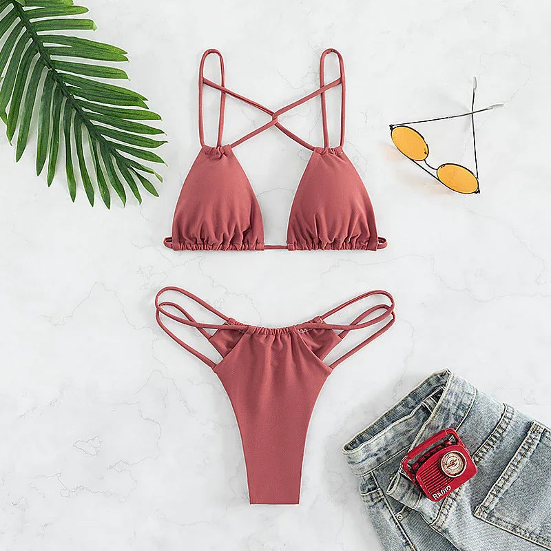 Women's Bikini Swimwear Solid Color Double Layer Fabric Split - DanaFashionstore