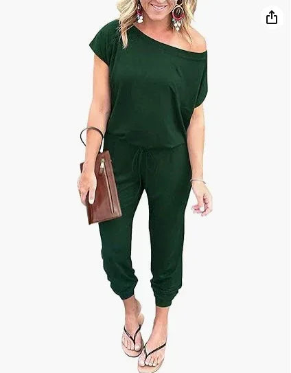 Fashion Slant Shoulder Jumpsuit 2026 - Short Sleeve Pocket Jumpsuit - DanaFashionstore