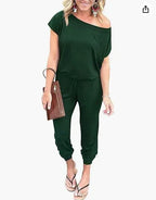 Fashion Slant Shoulder Jumpsuit 2026 - Short Sleeve Pocket Jumpsuit - DanaFashionstore