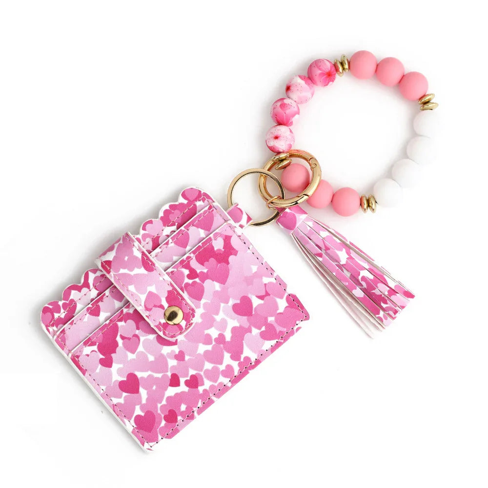 Love Polyurethane Card Holder Silica Gel Key Chain European And American Printed Silicone Beads Bracelet Women's Wallet - DanaFashionstore