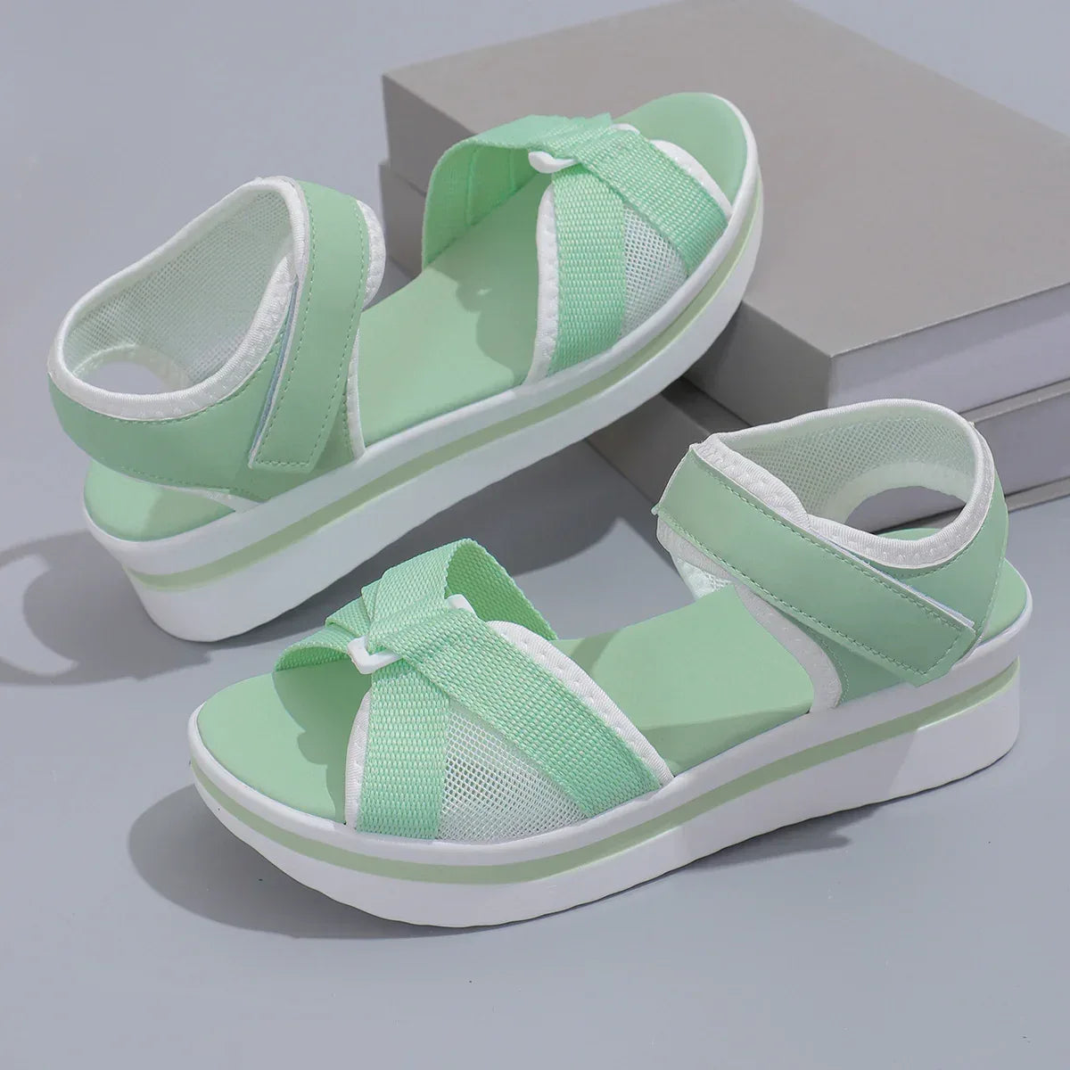 Summer Mesh Cross-strap Sandals With Velcro-design Thick Sole Flats Beach Shoes Women - DanaFashionstore