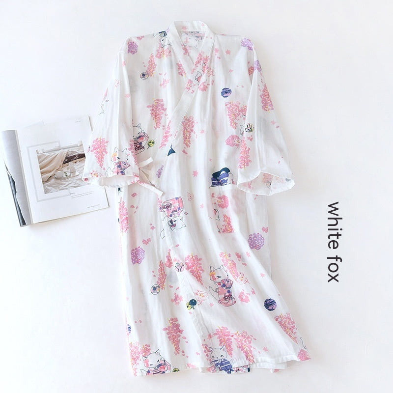 Women Bathrobe Nightdress Long Sleeve Nightgown Cotton Gauze - Dana Fashion