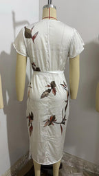 European And American V-neck Short-sleeved Lace-up Digital Printed Dress