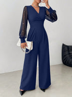 V Neck Defined Waist Sexy Mesh Patchwork Straight Suit For Women
