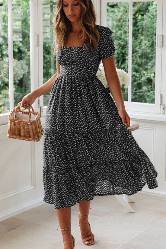 Square Collar Short Sleeve Dress Summer Puff Floral Printed Dress Long Dresses