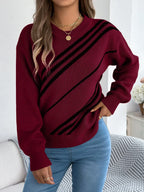Women Casual Striped Round Neck Lantern Sleeve Long Sleeve Pullover Sweater - DanaFashionstore