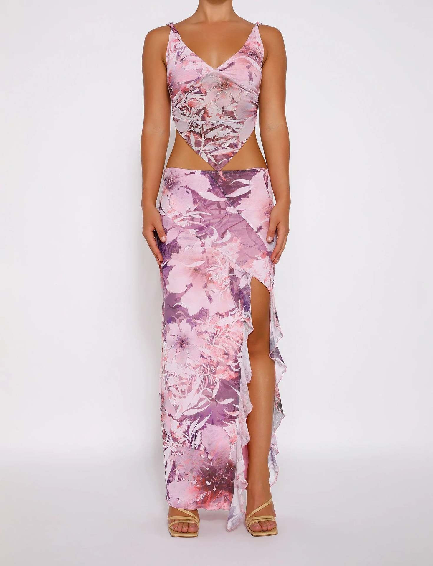 Women's Fashion Printing Sexy Suspenders Midriff Outfit Irregular Long Dress