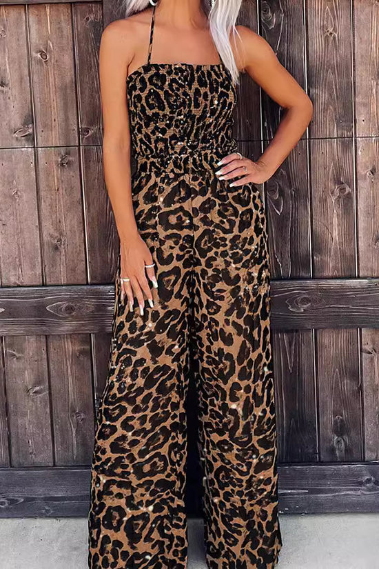 Women's Leopard Print Halter Backless Jumpsuit