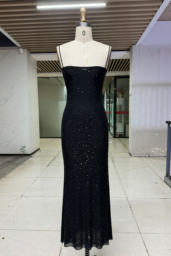 Elegant Nude & Black Sequin Spaghetti Strap Dress - High-End Luxury Slim Fit Long Dress For Parties, Birthdays & Special Occasions