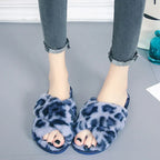 Cross-strap Fuzzy Slippers Leopard Plush House Shoes Flat Bedroom Slippers Slippers For Women - DanaFashionstore